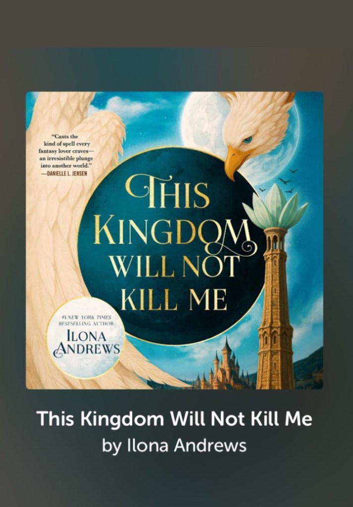 Cover of this kingdom will not kill me a large Swan like créature a cross between a swan, and eagle and a dragon wraps around the text